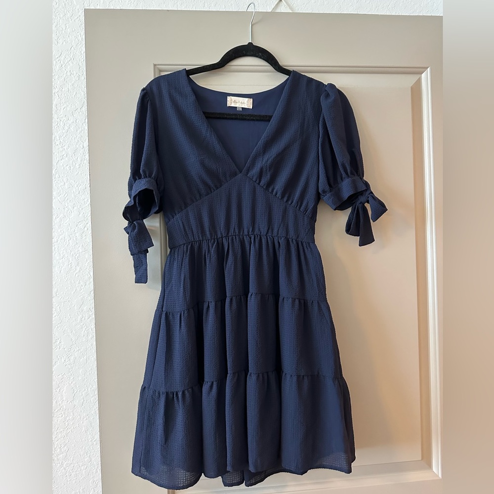 Altar'd State Navy Blue Tiered Mini Dress with Tie Sleeves